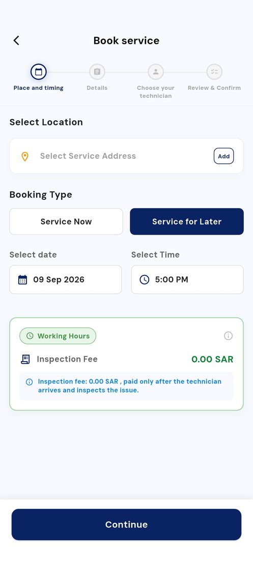 Abo Glumbo app booking screen showing location, timing and the inspection fee